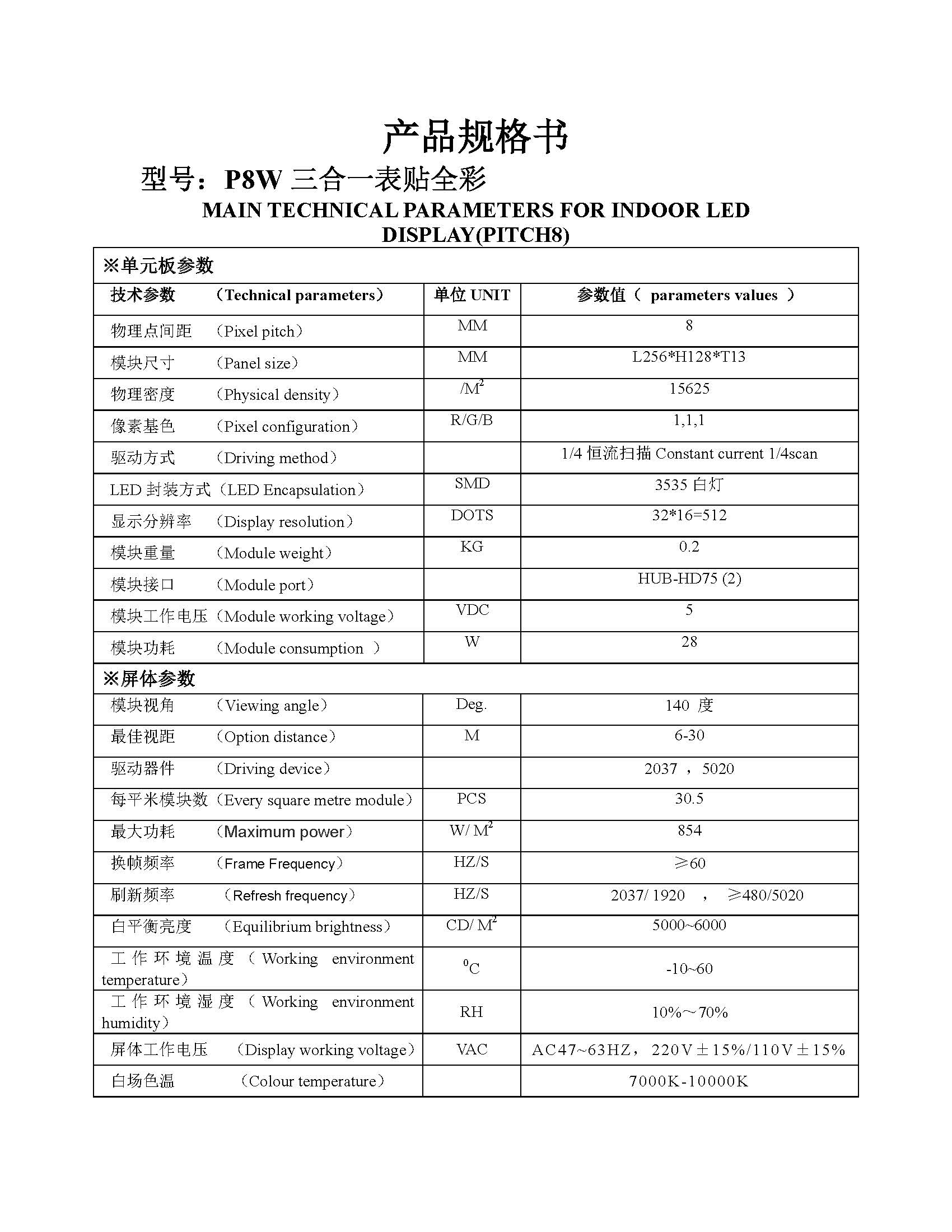 p8戶外全彩320x160模組規(guī)格書